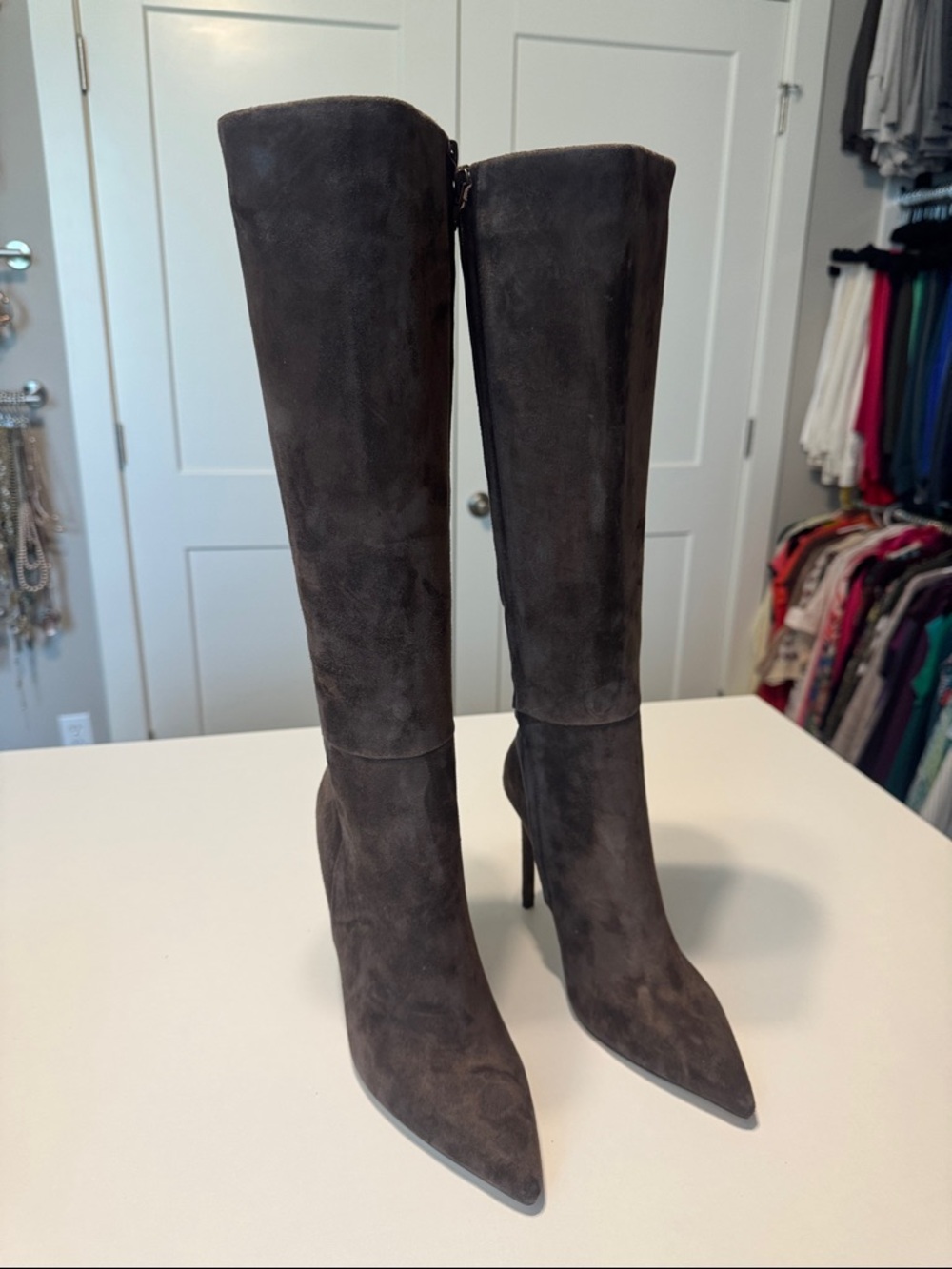 Tony Bianco Brown Suede Knee-High Stiletto Boots